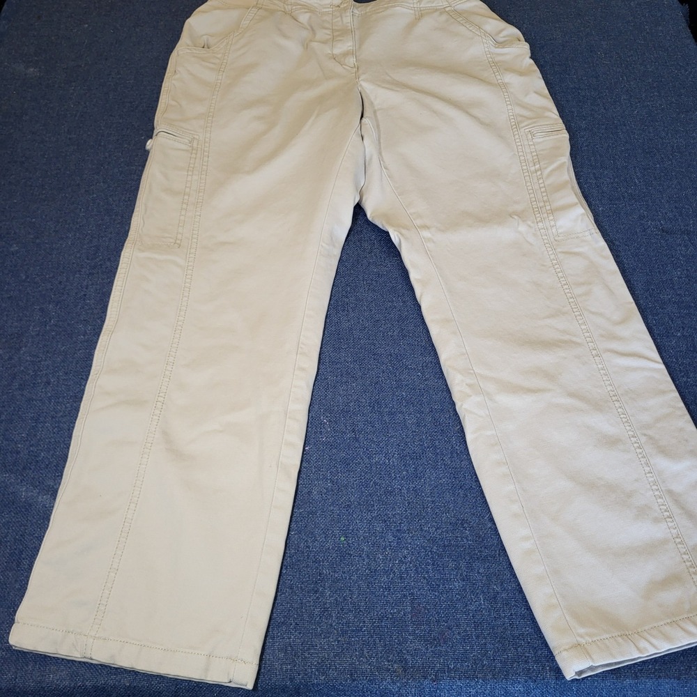 LL Bean Flannel Lined Cargo Pants Womens 14 Tan Canvas Classic Fit Straight Leg